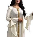 EOMIK Muslimisches Maxikleid Für Damen, Ethnische Kleidung Naher Osten Gekräuselte Ärmel Besticktes Goldenes Spitzenkleid Langes Sommerkleid Ramadan-Gebetskleid Lässige Abaya,S,White