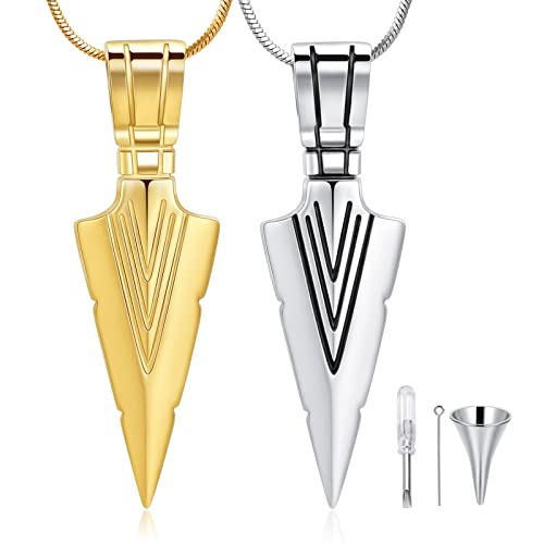 AIWENXI 2Pcs Spear Head Pendant Cremation Necklace Stainless Steel Cool Arrowhead Spearpoint Necklaces Set for Men Boys with Sturdy Snake Chain, Gift Packaging(Silver+Gold)