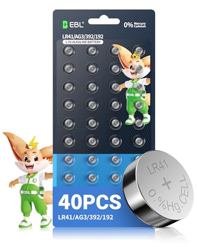 EBL LR41 Knopfzelle - 40 Stück Batterie LR41 AG3/G3A/192/392/LR736, 1,5V Alkaline Knopfzellen, frei von Quecksilber, für Uhren, Taschenrechner, Fernbedienungen, Spielzeug usw.