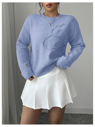 Image of RoseSeek Women's 3D Floral Appliques Crewneck Sweaters Long Sleeve Drop Shoulder Pullovers Elegant Knit Tops