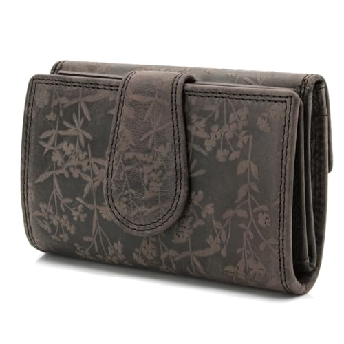 ekavale Frauen-Portemonnaie mit Blütenmuster, Leder Geldbörse für Damen mittelgroß, Riegelverschluss, RFID-Schutz (Schwarz)