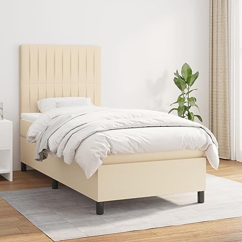 Homgoday Cama Box Spring con colchón Tela Color Crema 90x190 cm Somier Moderno Cama Doble Cama Box Spring con Colchón Viscoelástico Camas y somieres Crema Rayas Verticales