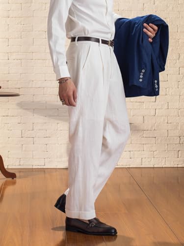 Vintage Men's Linen Blend Dress Pants Flat Front Breathable Fabric Lightweight Durable Summer Dress Long Pants3