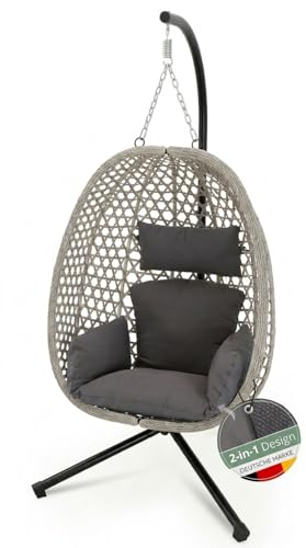 EaseAir® Hängesessel mit Gestell für Outdoor & Indoor – Ganzjähriger Loungesessel mit Sommer-/Winter-Wendebezug, inklusive robuster Abdeckplane, faltbar, Grau