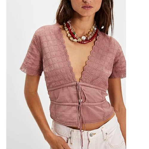 Women Front Tie Up Lace Eyelet Trim Crop Tops Y2k Puff Short Sleeve Embroidered Button Down Blouse Shirt2