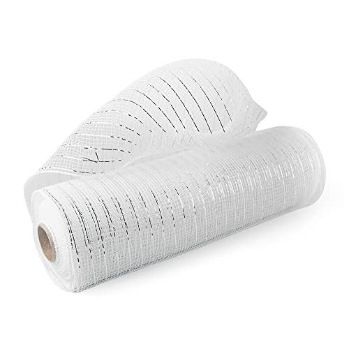 1 Roll Deco Mesh Ribbon 10 inch x 30 feet, Metallic Poly Mesh Roll for Holiday Decorating DIY Door Wreath Supplies Christmas Tree Easter Decoration Gift Wrapping, Floral Crafting(White/Silver foil)