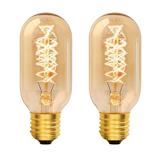Caldarax E27 Vintage Edison Light Bulb Dimmable, T45 Vintage Decorative Light Bulbs, Warm White 2700K, Amber Glass, AC 230V, E27 Edison Screw Spiral Retro Bulbs, Filament Tube Bulb, 2 Pack