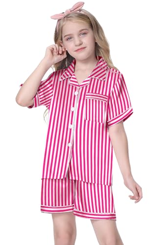 Image of Schbbbta Girls Womens Pajamas, Satin Silky Pjs Set Kids 2Pcs Button-Down Nightwear Sleepwear Gift for Mommy and me