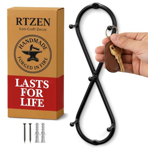 RTZEN Piccolo portachiavi verticale da parete con simbolo dell'infinito – realizzato a mano con 5 ganci per chiavi per ingresso di casa – in ferro battuto nero da parete portachiavi per cappotto e