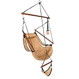 ONCLOUD Upgraded Unique Hammock Hanging Sky Chair, Air Deluxe Swing Seat with Rope Through The Bars Safer Relax with Fuller Pillow and Drink Holder Solid Wood Indoor/Outdoor Patio Yard 250LBS (Tan)