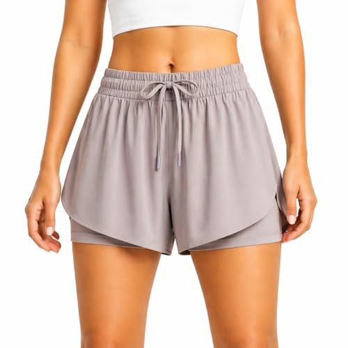 Harmony and Balance 2-in-1 Flowy Athletic Shorts with Built-in Liner for Women, Quick-Dry, Running, Yoga, Gym, Tennis Shorts, Gray, S