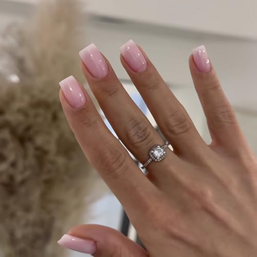 Image of Soft Pink Press on Nails Short Square Fake Nails Reusable Glossy Full Cover Nail Press ons Pink Ombre Stick on Nail for Women Manicure 24Pcs