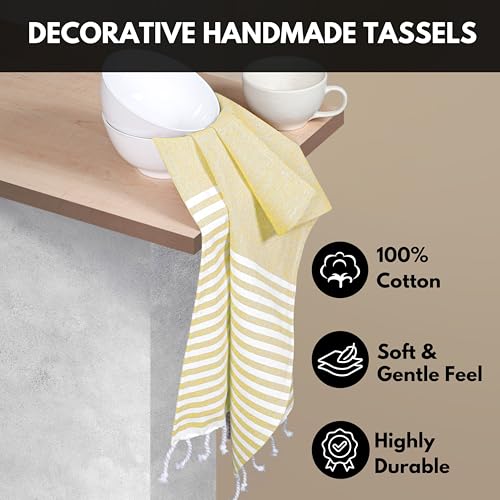 Image of Turkish Kitchen Towels 18x26 Inches with Tassels - 4 Pack - Ultra Absorbent, Durable, Soft 100% Cotton Dish Towels for Drying & Cleaning - Machine Washable, Quick-Dry - Lemon Yellow