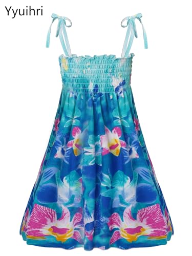 Kids Girls Bohemian Dresses Floral Sleeveless Rainbow Beach Sundress with Necklace2