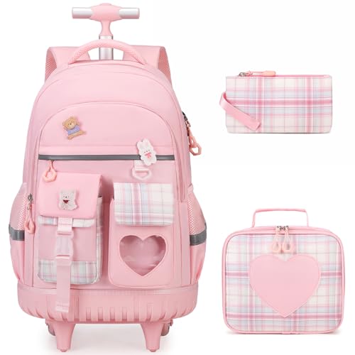 Sac à dos à roulettes filles rose grand volume pour les jours d'école