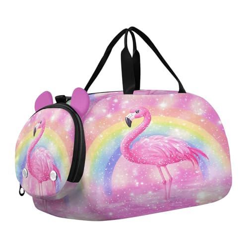 Pink Flamingo Rainbow Kids Travel Duffel Bag for Boys Girls Overnight Weekend Tote Bag with Shoes Compartment for Trip Beach Swim