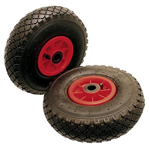 A Pair of 10 inch Pneumatic Wheels Size 3.00-4 300-4 300x4 (260 x 85) Needle Roller Bearing to Suit a 20mm Axle Shaft. Suitable for Trolleys, Sack Barrows, Jockey Wheels Carts and Wagons Cover