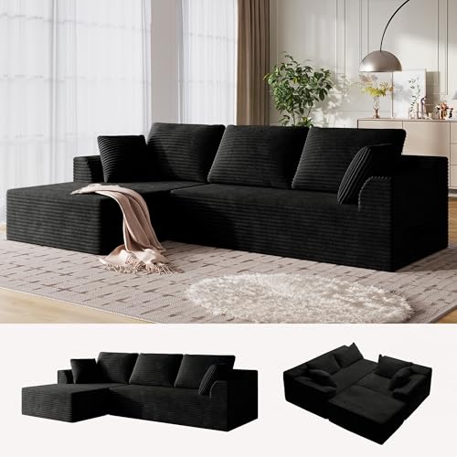 108″ Sectional Couches for Living Room, Modular Sectional Sofa with L-Shape Chaise, Cloud Couch, Comfy Corduroy Fluffy Couch with Deep Seat and Side Pockets, No Assembly Required
