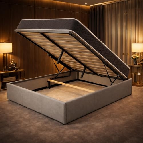 King of Dreams Ensemble Lit Coffre et Matelas 120x190 cm - Couleur : Gris - Sommier Relevable avec Vérins Hydrauliques - Matelas Latex Accueil Moelleux...