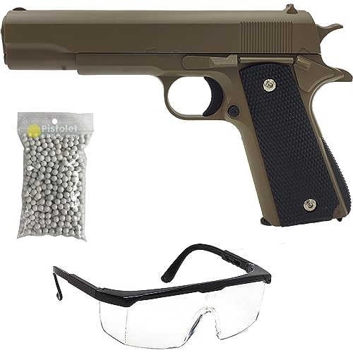 Saigo Defense Pack Airsoft Pistolet Style 1911 à Ressort/Couleurs: Noir et Tan (Désert) / Matière: Métal/Puissance 0.3 Joule/Livré avec Accessoires