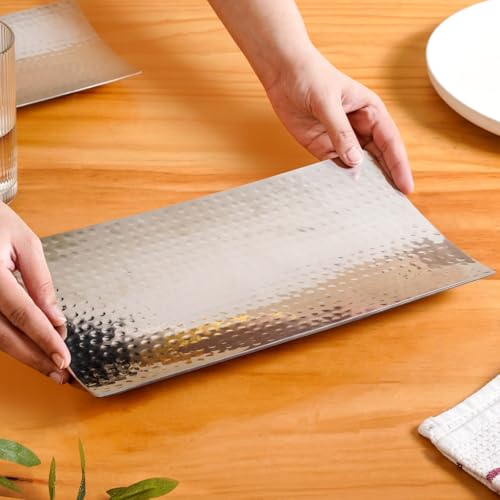 Image of Nestasia Stainless Steel Serving Platter for Snacks (30cmx18cm) - Hammered Rectangular Curved Steel Tray with Glossy Finish | Rust & Scratch Resistant Serveware for Appetisers, Desserts and Breads
