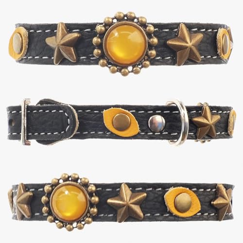 Superpipapo Collier pour Chat en Cuir - Original Luxe Design Confortable et Sécurisé Fait à Main - Pierre Jaune Élégante avec Etoiles et Yeux de Chat