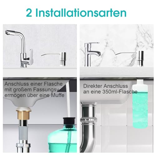 HUAERSICO Spülmittelspender Küche Einbau,Seifenspender Einbau mit Edelstahlpumpe und 1,0 m Verlängerungsschlauch für Küchenspüle und Waschbecken,Silber