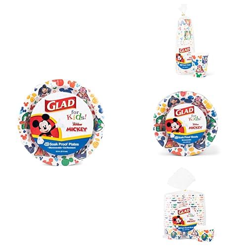 Glad for Kids Disney Mickey and Friends Tableware Bundle: Paper Plates (40 Ct, 8.5"), Paper Cups (24 Ct, 9oz), Paper Bowls (40 Ct, 12oz), and Snack Bowls (32 Ct, 6oz)