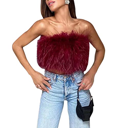 ZGMYC Women's Sexy Feather Crop Top Furry Faux Fur Strapless Tube