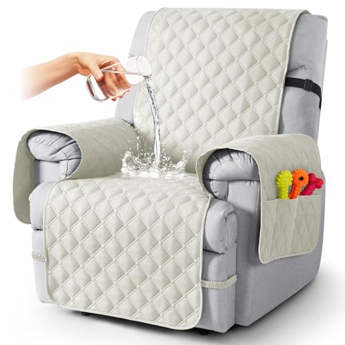 Image of TAOCOCO 100% Waterproof Recliner Covers With Leg Straps, Reversible Recliner Couch Cover For Reclining Chair, Washable Couch Protector For Pets Kids (1 Seater 22 inch, Off White)