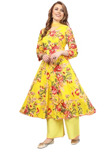 Image of A.T.U.N. (ALL THINGS UBER NICE) Womens Floral Printed Angrakha Pure Cotton Kurta with Palazzos & Dupatta Set | Traditional Ethnic Wear Clothing Set
