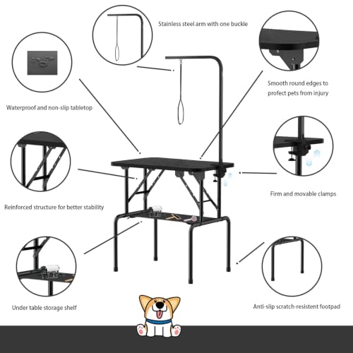 Image of 32 Inch Foldable Dog Grooming Table with Adjustable Arm, Nooses & Storage Basket - Non-Slip Pet Grooming Station for Dogs & Cats - Supports Up to 300 lbs (32 inches)