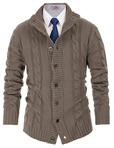PJ PAUL JONES Button Down Cable Knit Cardigan Sweater for Men Long Sleeve Slim Fit Taupe M
