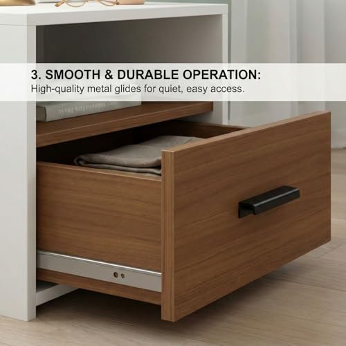 Image of FFO Side Tables for Bedroom with Drawers | Bed Side Table for Bedroom with Drawer, Wooden Bedside Drawer with Open Shelf, Modern Side Table for Bed Room, White Walnut Finish, DIY
