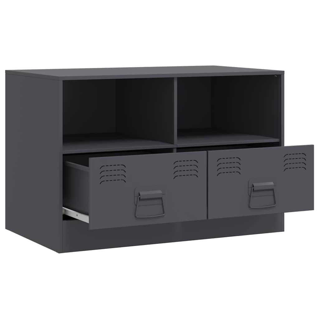 Mobile porta TV antracite in acciaio laminato a freddo, 67 x 39 x 44 cm, con 2 cassetti e ripiani, adatto per schermi da 51-76 cm, armadio da soggiorno con spazio e maniglie in metallo