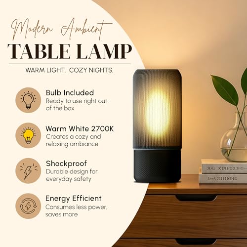 Image of Modern Ambient Table Lamp /Stylish Bedside Desk Lamp /Gentle Warm Glow & Energy-Efficient Lighting /Perfect for Side Table /Bedroom /Living Room /Home Decor /Study & Office - (Black)