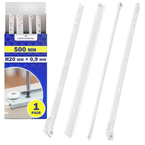 1 Par Guias Correderas para Cajones 500 mm H 20 x 0,9 mm - Blancas Rieles para Cajones Tienen una Extensión Parcial de 413 mm - Garantía de 10 Años - MONTERAL