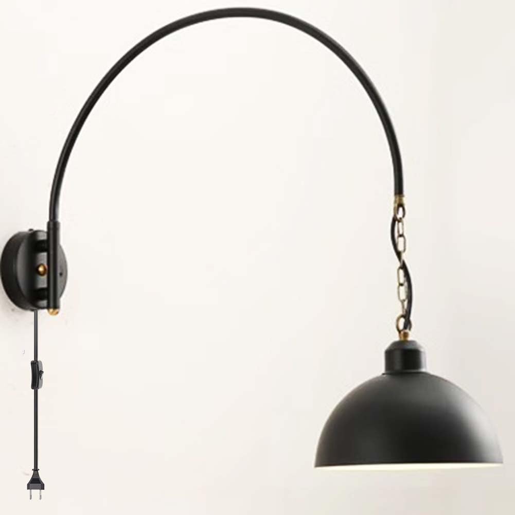 Vintage Wandleuchten Innen mit Steckdosen und Kabel Wandlampe Schwenkarm Schwarz Retro Industrial Wand Leselampen mit Schalter Wandbeleuchtung Verstellbare Langearm Wandspot Gelenkarm,B