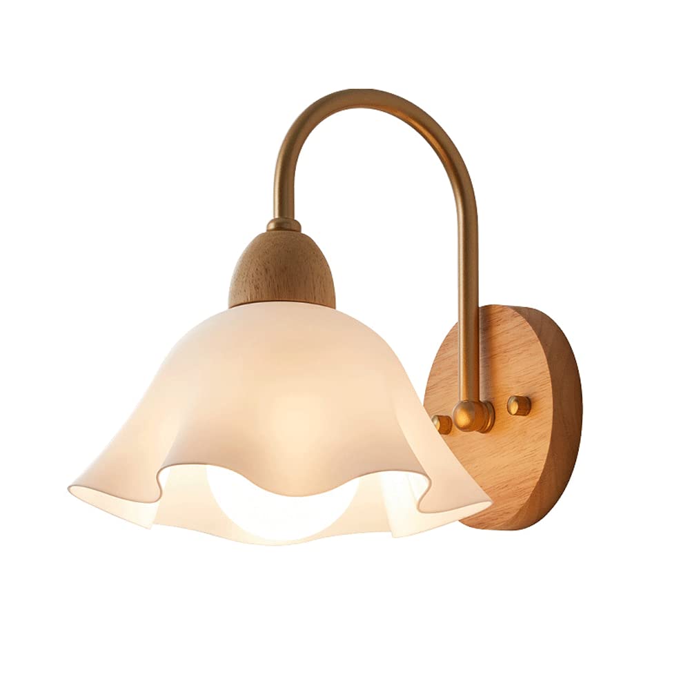 KXEcoLife Modern Wooden Wall Lamp White Glass Light, Creative Wood Chassis Sconce E27 Screw Base, Bedroom Living Room Aisle Wall-Mounted Lighting Fixture