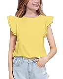 Girls Yellow Shirt Summer Casual Ruffle Sleeve T-Shirt Blouse Crop Top Size 7 8