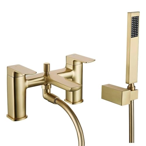 ENKI, Mykonos, BT1208, Contemporary Bath Shower Mixer Tap with Handheld Shower Attachment, Brushed Brass