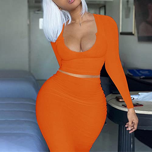 Image of Women Sexy Two Piece Skirt Outfits Long Sleeve /Sleeveless V Neck Bodycon Ribbed Knitted Maxi Club Party Dress