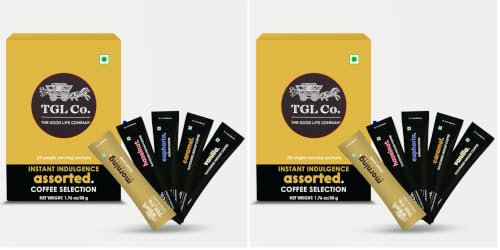 Image of TGL Co. Assorted Premium Instant Coffee Sachet (25 Sachets) | Single-Serve Pack for Home, Office & Travel | Pack Contains 5 Varieties of coffee pouch (3 Flavored, 2 Classic) (Pack of 2)