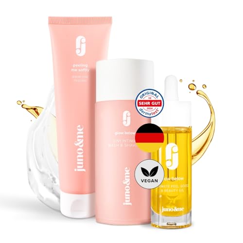 juno & me Glow Below Set 3er-Set zur Reinigung Pflege & Rasur der äußeren Intimzone Mit Pre-Shave Peeling Rasiergel & After Shave Öl mit Milchsäure vegane Intimpflege Damen