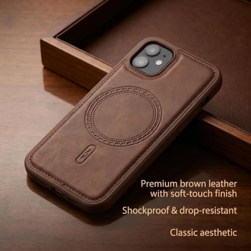 Image of amazon basics Premium PU Leather Case for iPhone 12, MagSafe Compatible Magnetic Ring, Sleek Protective Back Cover - [Brown]
