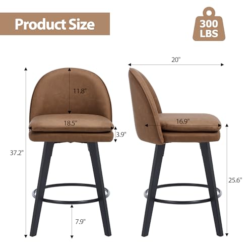 Butacos de altura para barra, set de 4 unidades, modernos giratorios con respaldo, sin brazos, tapizados en cuero sintético, patas de madera maciza, color marrón, para isla de cocina miniatura 2