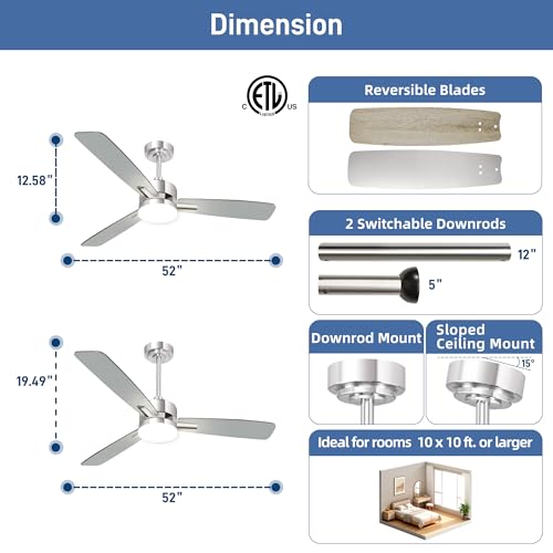 Image of hykolity 52 Inch Modern Nickel LED Ceiling Fan with Light and Remote
