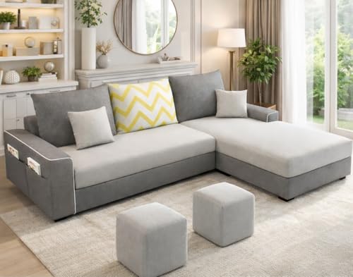 Image of Casaliving Afie RHS 4 Seater L-Shape Sofa Set with 2 Puffy for Living Room (Grey & Dark Grey Colour) Premium Fabric Sofa Set