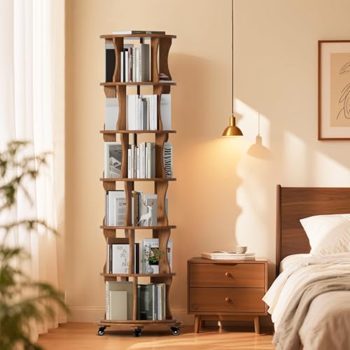 6 Tier Solid Wood Rotating Bookshelf with Wheels, Round Revolving Bookcase Organizer, 360&deg; Spinning Storage Shelf for Corner, Small Narrow Spaces, Home, Office, BedRoom,Living Room,Study Room