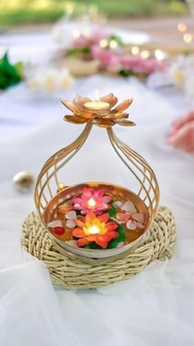 Image of Diya Shape Flower Decorative Urli Bowl /Handcrafted Bowl for Floating Flowers and Tea Light Holder Candles Home,Office and Table Decor| Diwali Decoration Items for Home T-Light Gold
